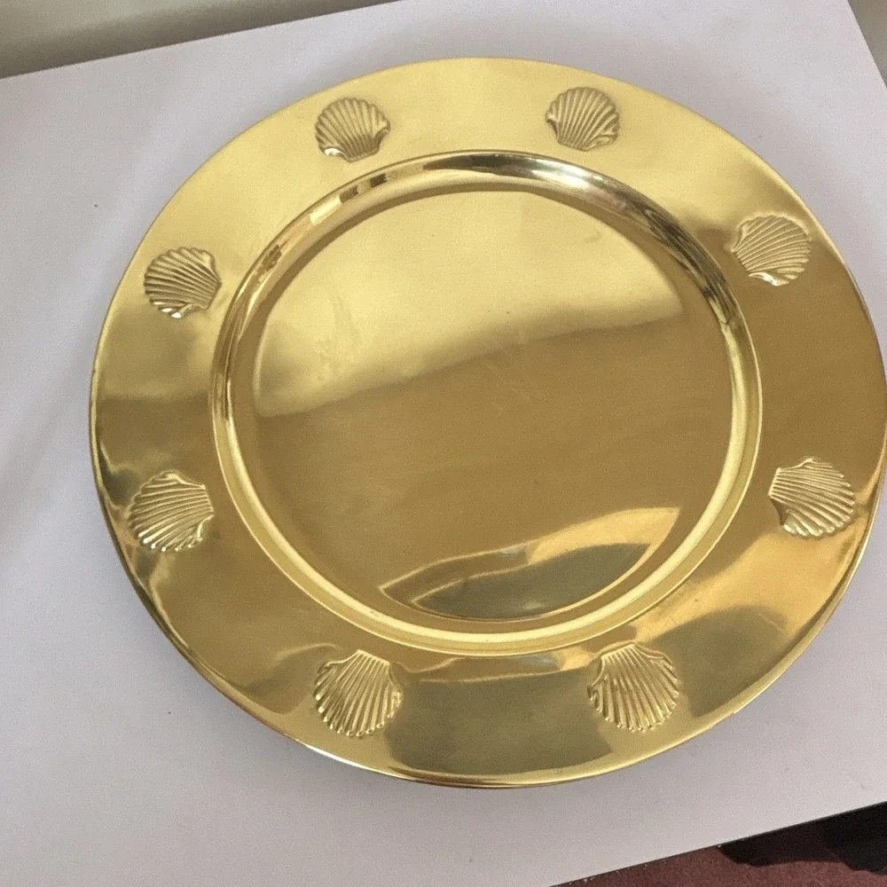 Round 12in Gold Polished Metal Serving Tray Shell Pattern Made in Hong Kong